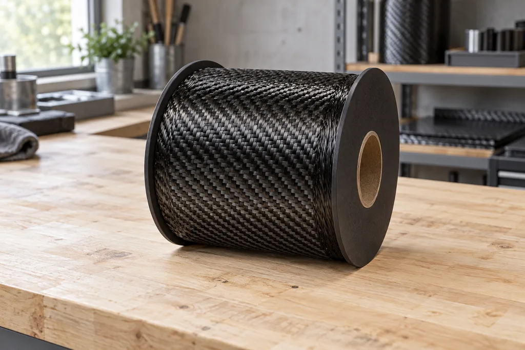 Bobine de fibre de carbone noire posée sur un établi, avec une raquette floue à l'arrière-plan.