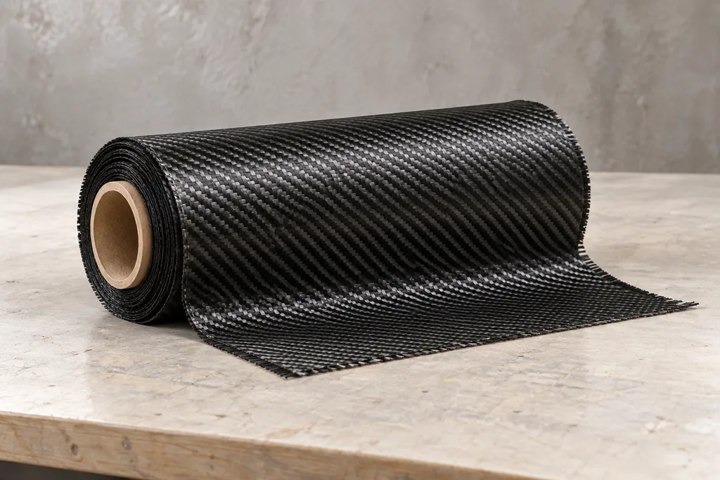 Bobine de fibre de carbone noire posée sur un établi, avec une raquette floue à l'arrière-plan.