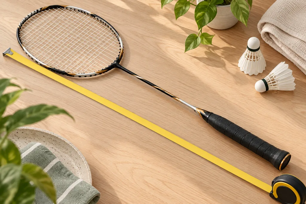 Mètre ruban déroulé le long d'une raquette de badminton posée sur une table.