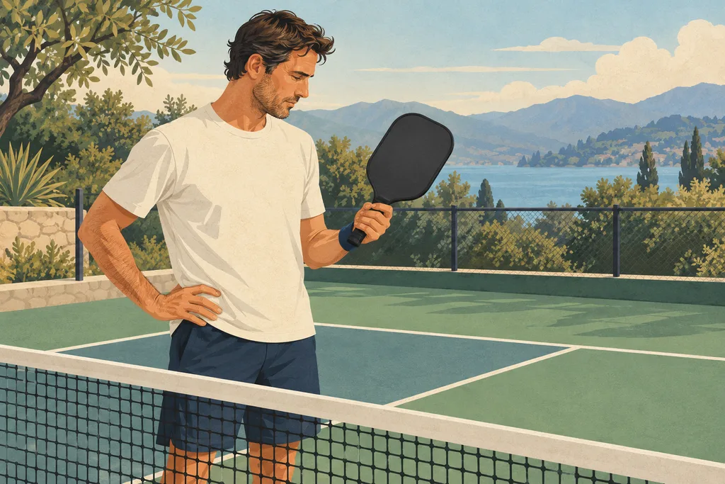Joueur de pickleball examinant le dos d'une palette à la recherche d'un marquage officiel.
