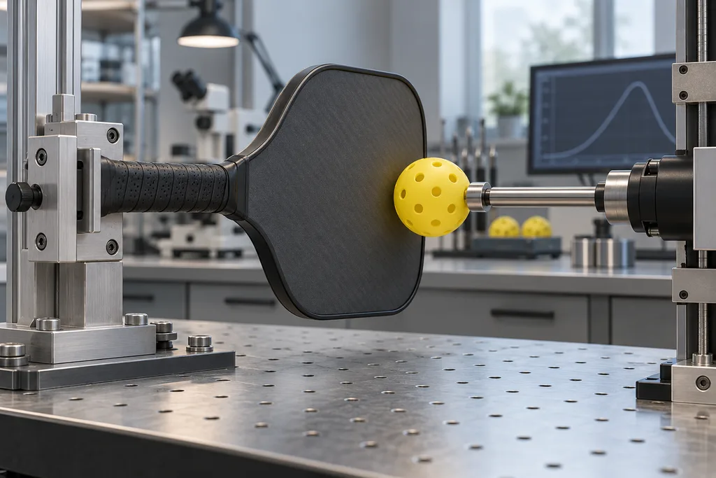 Palette de pickleball fixée sur un banc de test en laboratoire, balle immobilisée au contact.