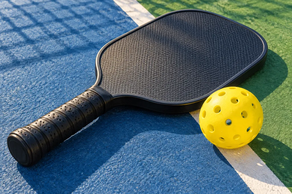 Palette de pickleball à face en carbone texturée, posée près d'une balle perforée.