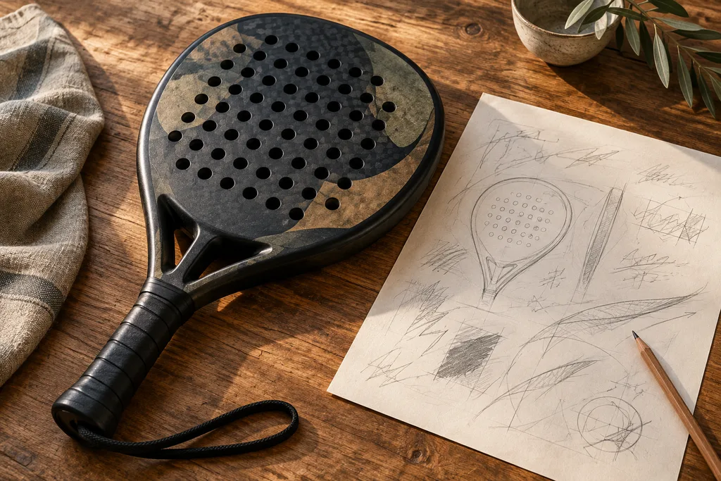 Pala de padel posée à côté d'une fiche technique annotée au crayon.